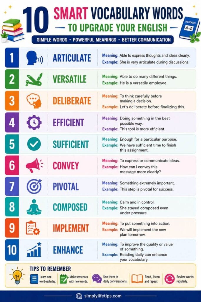 10 Smart Vocabulary Words to Speak English 3 Infographic showing 10 smart vocabulary words with meanings and examples