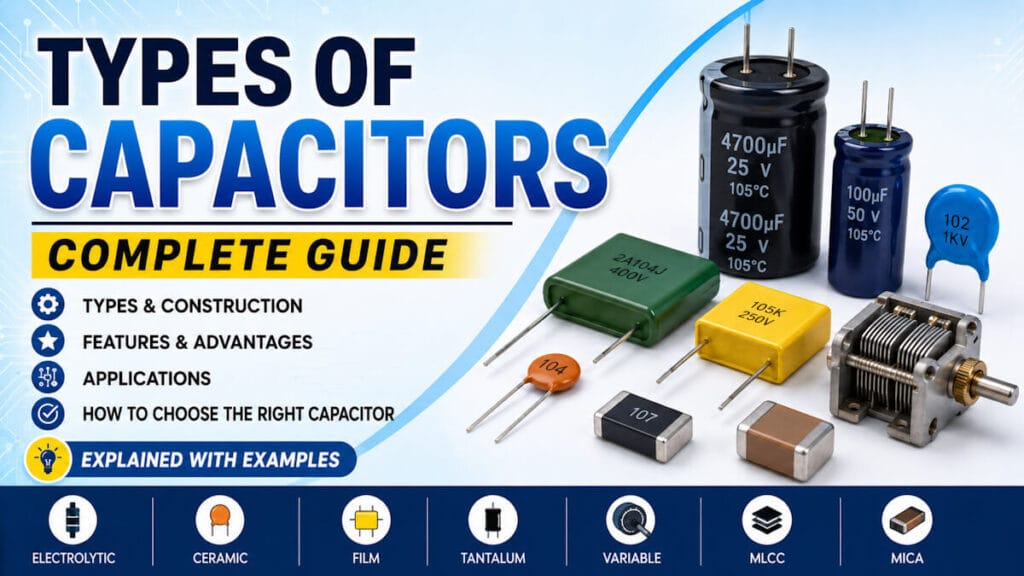Types of capacitors including electrolytic, ceramic, film, tantalum, MLCC, variable, and mica capacitors explained with uses and applications.