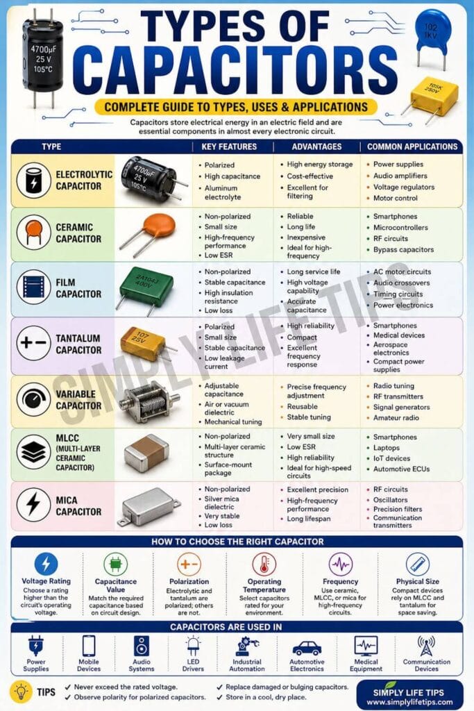 Types of Capacitors For Students Learning 3 Types of Capacitors Infographic