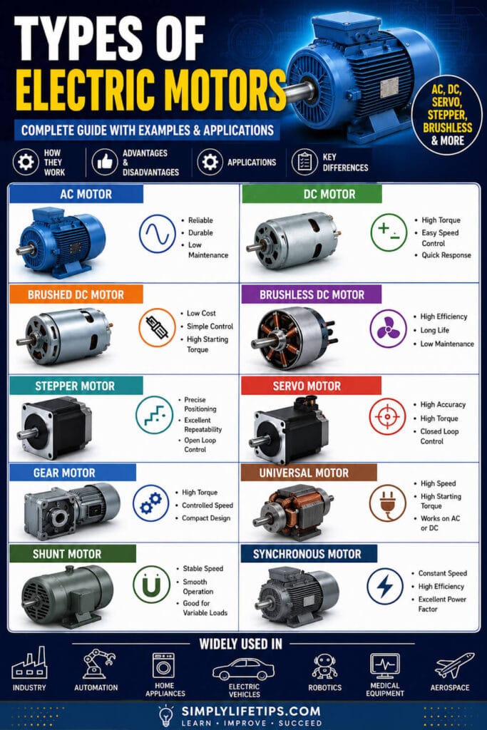 Types of Electric Motors For Students 3 Infographic showing different types of electric motors including AC motor, DC motor, induction motor, synchronous motor, brushless DC motor, brushed motor, stepper motor, servo motor, gear motor, universal motor, and shunt motor with their features and applications.