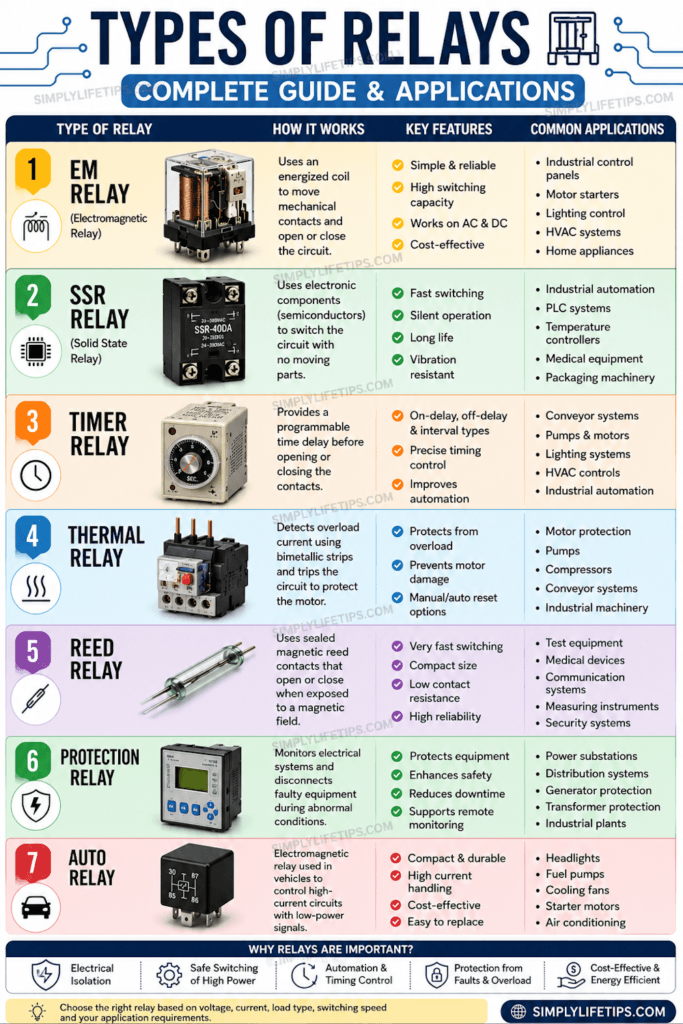 Infographic explaining the different types of relays including electromagnetic relay, solid state relay (SSR), timer relay, thermal relay, reed relay, protection relay, and automotive relay with their working principles, features, and applications.