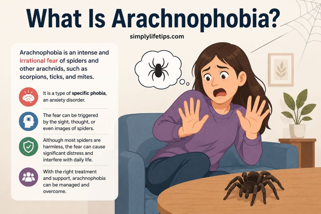 Illustration explaining arachnophobia, an intense fear of spiders that causes anxiety and avoidance behaviorsArachnophobia is a specific phobia characterized by an intense and persistent fear of spiders that can interfere with everyday life.