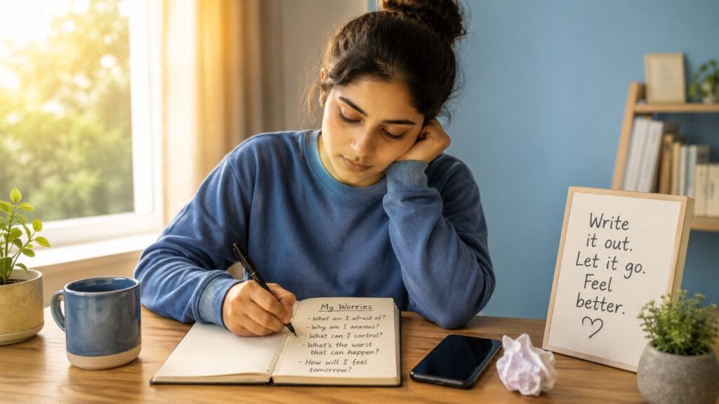 Writing Down Worries | A Technique to Reduce Mental Stress 6 Person writing worries in a notebook with a pen instead of using a smartphone to reduce anxiety and mental stress.