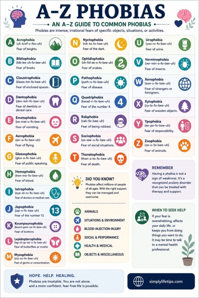 Phobias: Types, Symptoms & Treatment 9 A–Z infographic listing common phobias with their meanings, including acrophobia, arachnophobia, claustrophobia, glossophobia, mysophobia, nyctophobia, ophidiophobia, thanatophobia, and zoophobia.