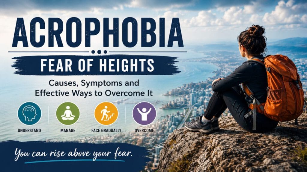Acrophobia: Fear of Heights 3 Person sitting on a cliff overlooking a city, representing acrophobia or the fear of heights.