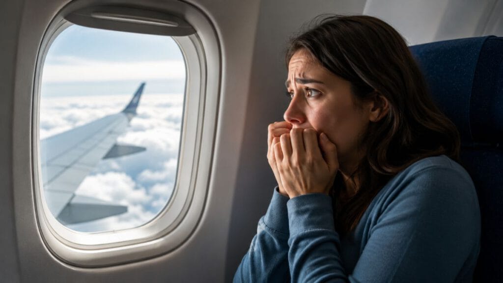 An anxious airline passenger looking out of an airplane window during a flight, illustrating aerophobia or fear of flying.