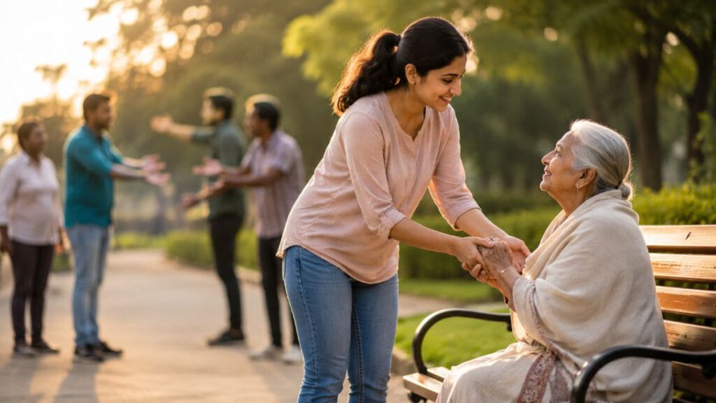 Altruistic Personality: Why Kind People Get Exploited 1 Compassionate woman helping an elderly woman in a peaceful park while maintaining healthy boundaries, representing an altruistic personality.