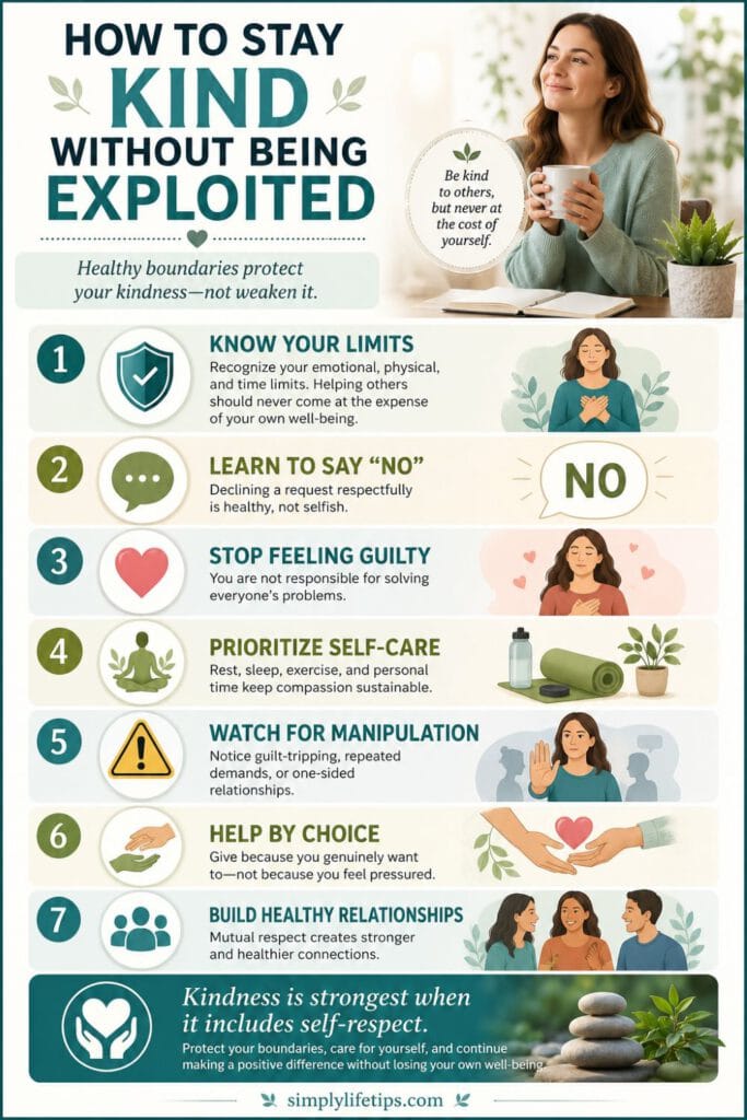 Altruistic Personality: Why Kind People Get Exploited 9 Infographic explaining practical ways to stay kind without being exploited by setting healthy boundaries, practicing self-care, and recognizing manipulation.