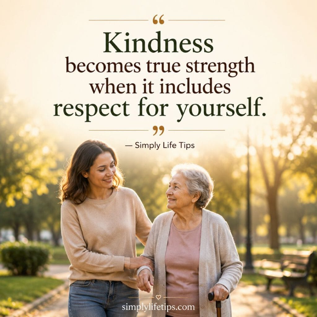 Altruistic Personality: Why Kind People Get Exploited 10 Inspirational quote about kindness and self-respect displayed over a peaceful golden-hour park scene with a compassionate person helping an elderly woman.