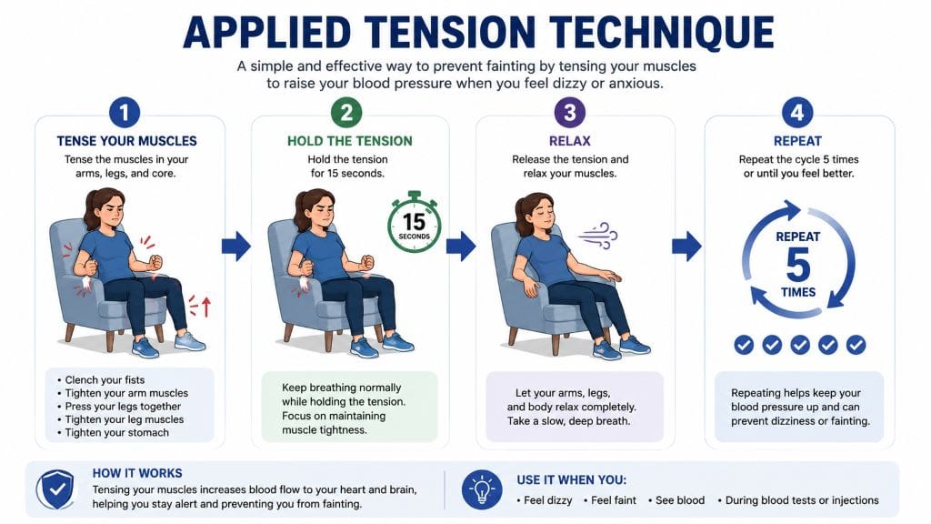 Step-by-step illustration demonstrating the Applied Tension Technique to help prevent fainting in people with hemophobia during blood tests or injections.