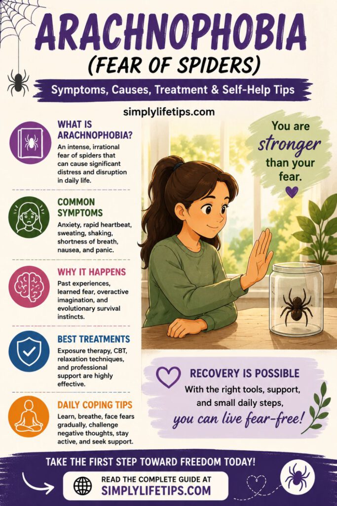 Pinterest infographic explaining arachnophobia, including its symptoms, causes, treatment options, and self-help tips for overcoming the fear of spiders