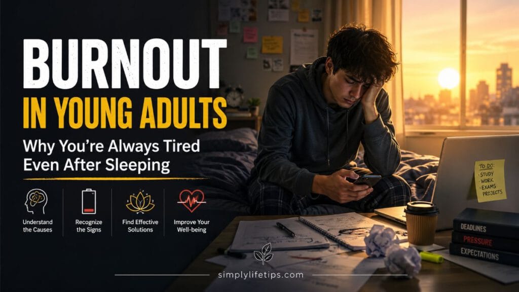 Burnout in Young Adults: Always Tired Even After Sleeping 5 Exhausted young adult sitting on a bed after waking up, showing signs of burnout and constant fatigue despite sleeping.
