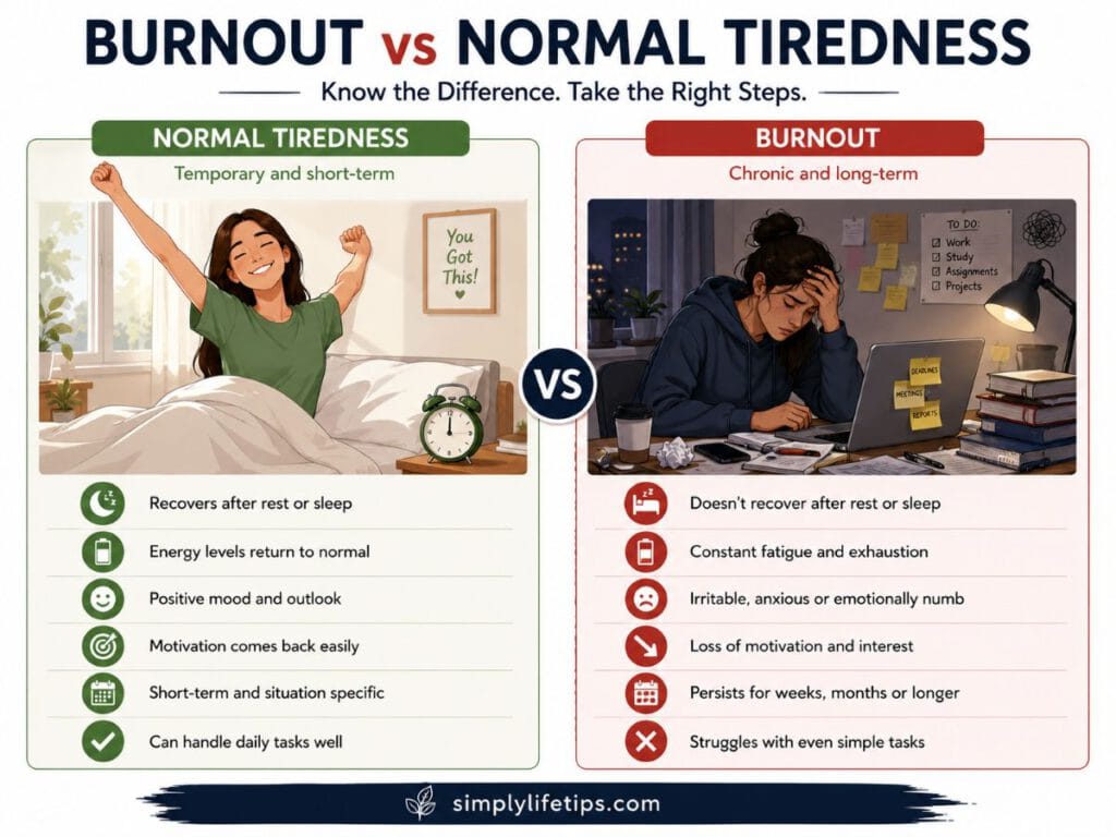 Comparison illustration showing the differences between burnout and normal tiredness, including recovery after sleep, energy levels, motivation, mood, and daily functioning.