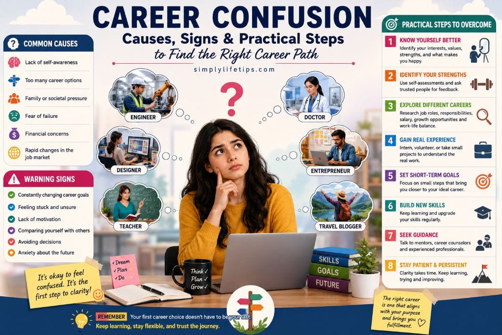 Young woman experiencing career confusion while considering different career options including engineer, doctor, designer, teacher, entrepreneur, and travel blogger.