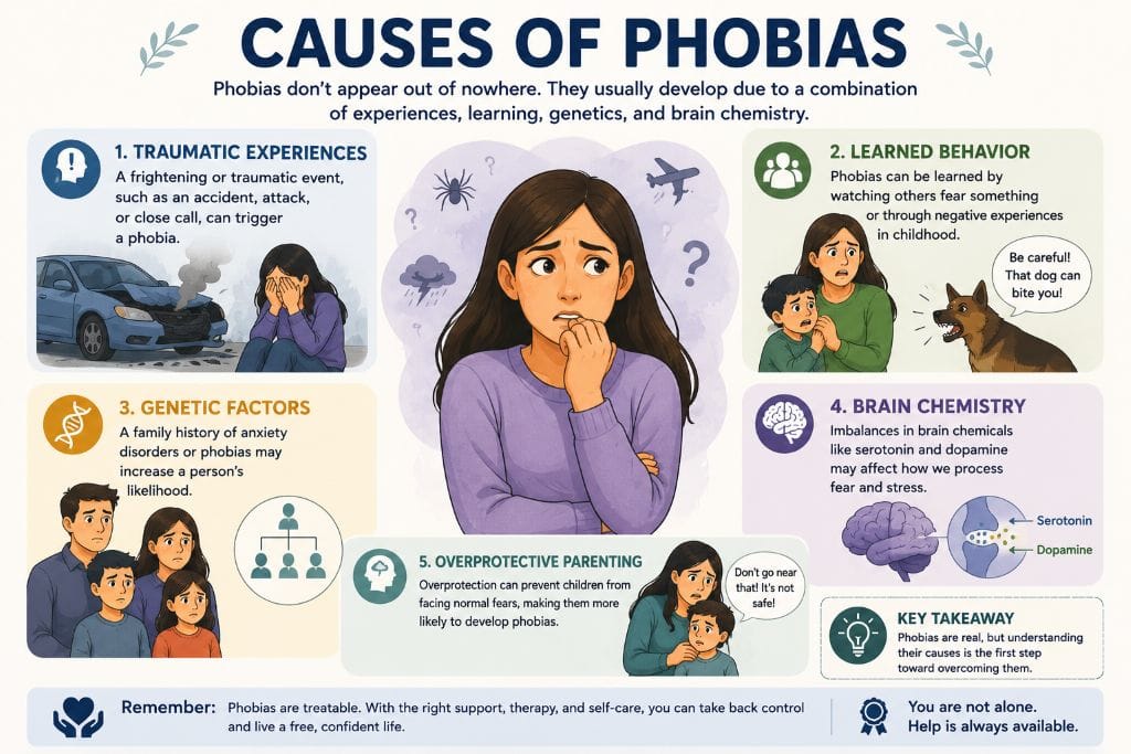 Phobias: Types, Symptoms & Treatment 6 Educational illustration showing the common causes of phobias, including traumatic experiences, learned behavior, genetic factors, brain function, and environmental influences.