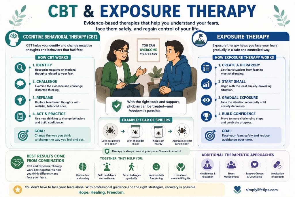 Phobias: Types, Symptoms & Treatment 8 Educational illustration explaining cognitive behavioral therapy (CBT) and exposure therapy for treating phobias, including therapy steps, gradual exposure, and recovery.