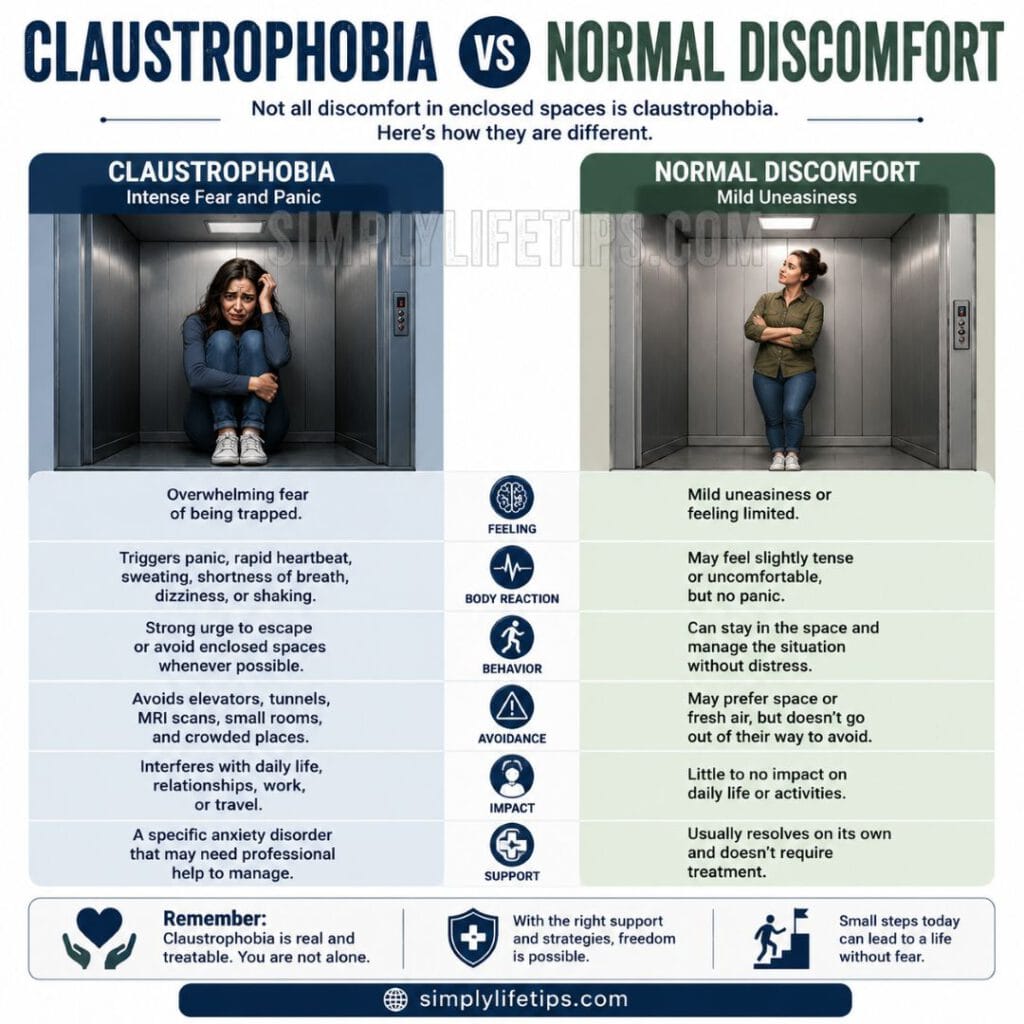 Claustrophobia: Fear of Enclosed Spaces 5 Comparison infographic showing the differences between claustrophobia and normal discomfort in enclosed spaces, including symptoms, behaviours, and daily life impact.