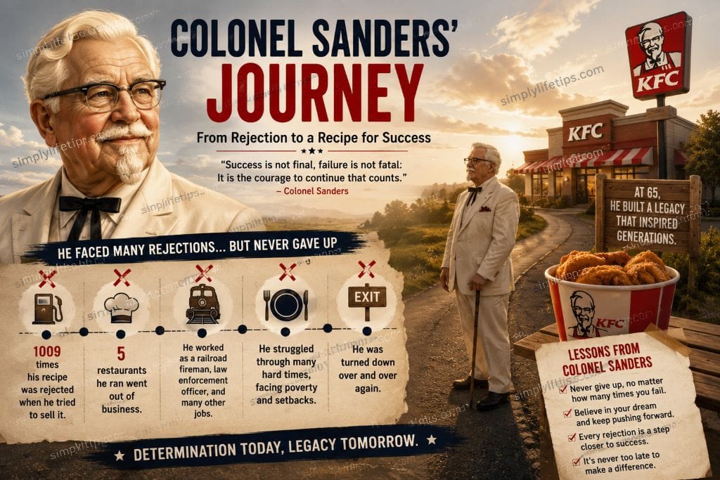 Life Challenges: Turn Obstacles into Opportunities 4 Illustration of Colonel Sanders' journey from repeated rejection to building KFC, symbolizing perseverance, resilience, and success.