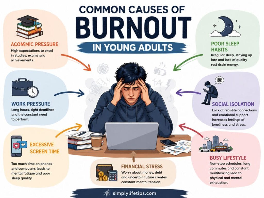 Illustration showing the common causes of burnout in young adults, including work pressure, academic stress, poor sleep, excessive screen time, financial stress, social isolation, and a busy lifestyle.