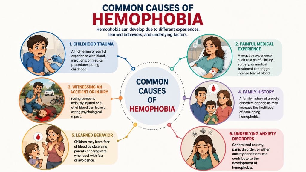 Educational illustration showing the common causes of hemophobia, including childhood trauma, painful medical experiences, accidents, family history, learned behavior, and anxiety disorders.