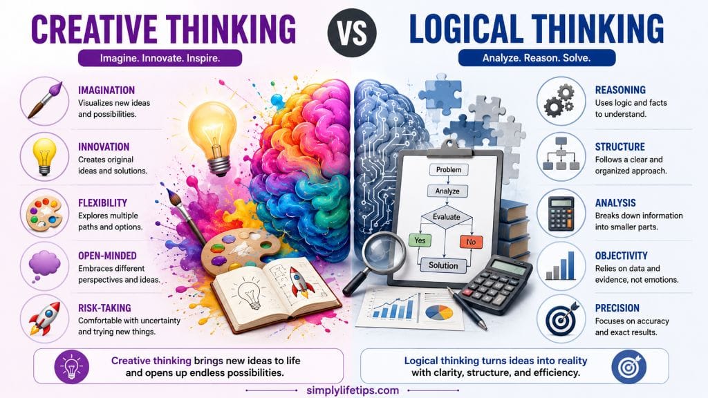 Split-screen illustration comparing creative thinking and logical thinking. The left side highlights imagination, innovation, flexibility, and brainstorming, while the right side emphasizes reasoning, analysis, structure, and evidence-based problem-solving.
