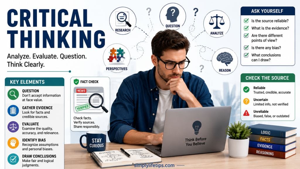 Professional analyzing information on a laptop while using critical thinking skills such as questioning assumptions, fact-checking, evaluating evidence, identifying bias, and making logical decisions.