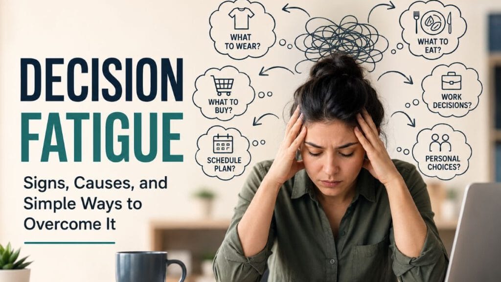 Decision Fatigue: Signs, Causes, and Simple Ways to Overcome It 1 A person feeling overwhelmed by multiple daily choices, illustrating decision fatigue and mental exhaustion.