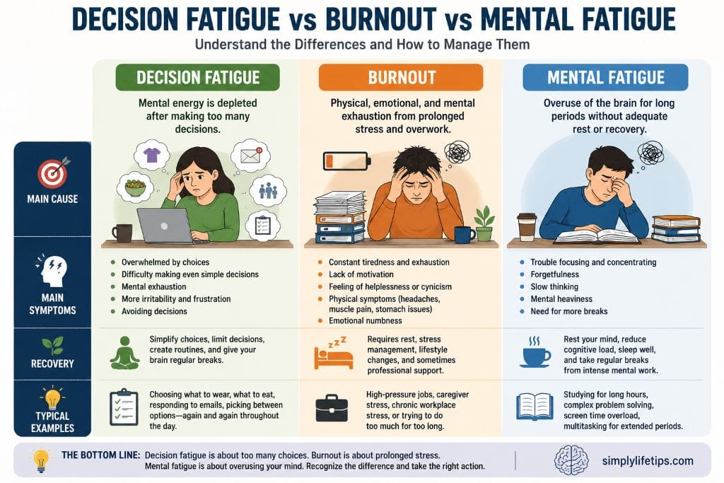 Decision Fatigue: Signs, Causes, and Simple Ways to Overcome It 5 Comparison infographic showing the differences between decision fatigue, burnout, and mental fatigue, including causes, symptoms, recovery, and common examples.