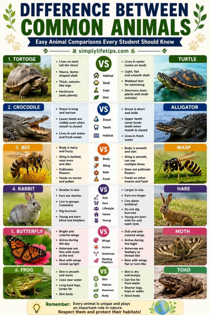 Difference between common animals infographic showing tortoise vs turtle, crocodile vs alligator, bee vs wasp, rabbit vs hare, butterfly vs moth, and frog vs toad.