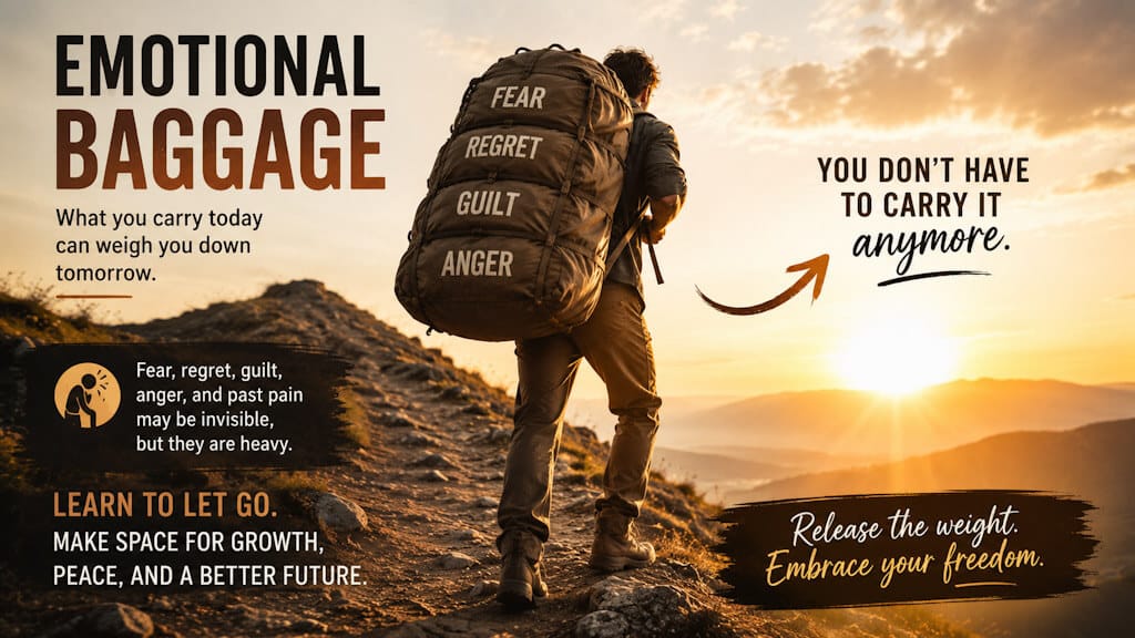 A person hiking uphill carrying a heavy backpack labeled fear, regret, guilt, and anger, symbolizing emotional baggage and the journey of letting go for personal growth.