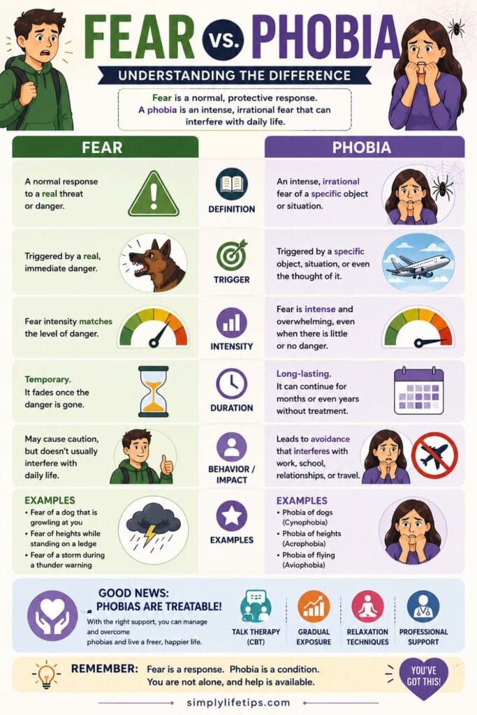 Phobias: Types, Symptoms & Treatment 4 Infographic comparing fear and phobia, showing differences in definition, triggers, intensity, duration, behavior, and treatment with illustrated examples.
