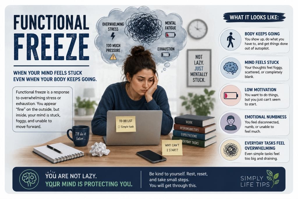 Mental Exhaustion: Signs, Causes, and Ways to Recover 4 Illustration showing functional freeze, where a mentally exhausted person struggles to start simple tasks despite continuing daily responsibilities.