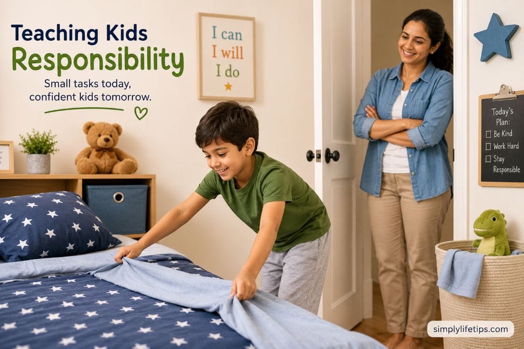 Teaching Kids Responsibility: 6 Simple Ways 4 Young boy making his bed independently while his mother watches proudly, teaching kids responsibility through age-appropriate household tasks.