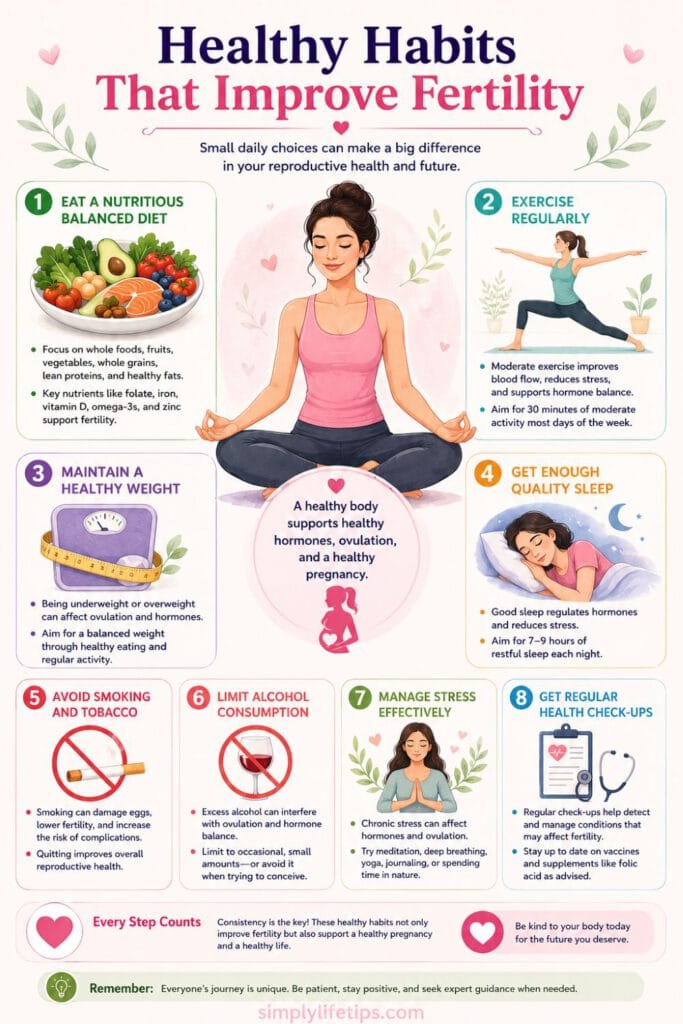 Ideal Age to Have a Baby? A Guide for Future Parents 3 Infographic illustrating healthy habits that improve fertility, including a balanced diet, regular exercise, healthy weight, quality sleep, avoiding smoking, limiting alcohol, managing stress, and regular health check-ups.