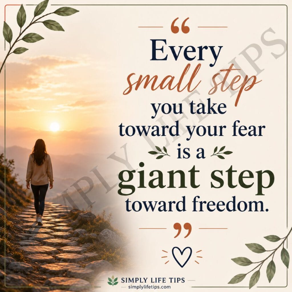 Inspirational quote image showing a person walking toward a sunrise with the message encouraging readers to face fear one step at a time.