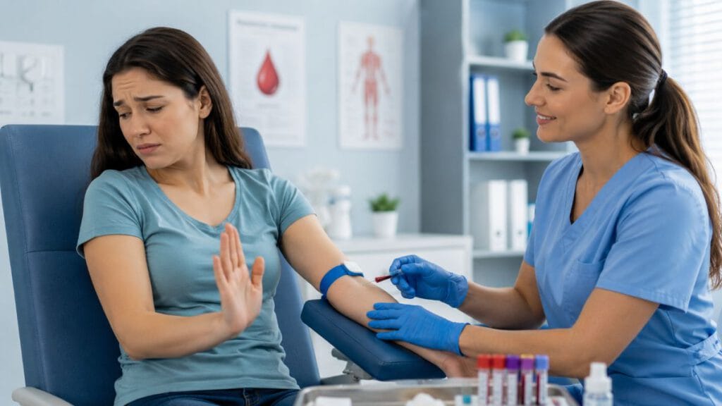 Hemophobia: Symptoms, Causes and Treatment 1 An anxious patient looking away during a routine blood test while a healthcare professional provides reassurance in a medical clinic.