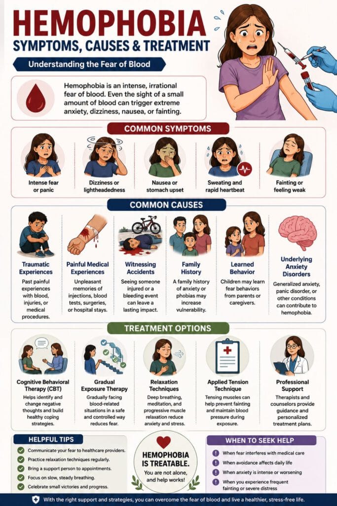Vertical infographic explaining hemophobia, including its symptoms, causes, treatment options, coping strategies, and when to seek professional help.