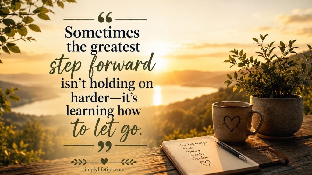 Inspirational quote about learning how to let go, displayed over a peaceful sunrise landscape with a coffee mug and journal, symbolizing healing and personal growth.