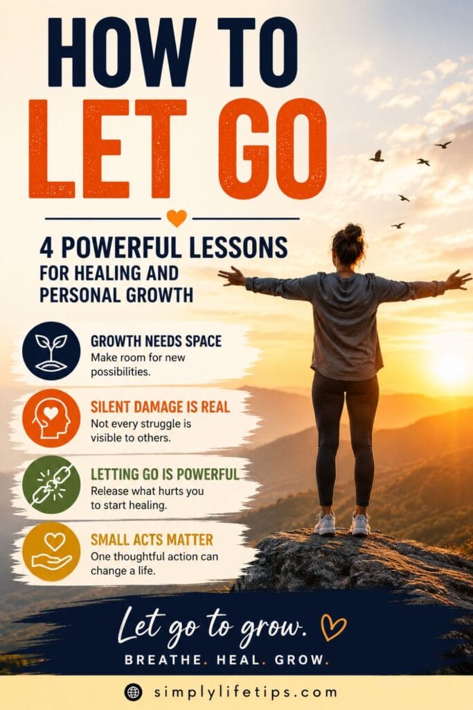 Pinterest infographic showing four powerful lessons on how to let go, heal emotionally, and achieve personal growth with a sunrise background.