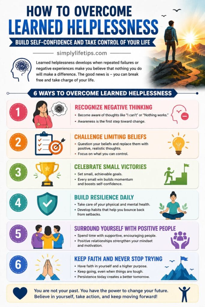 Overcome Learned Helplessness and Build Self-Confidence 4 Infographic showing six practical ways to overcome learned helplessness, build self-confidence, develop resilience, and achieve success.