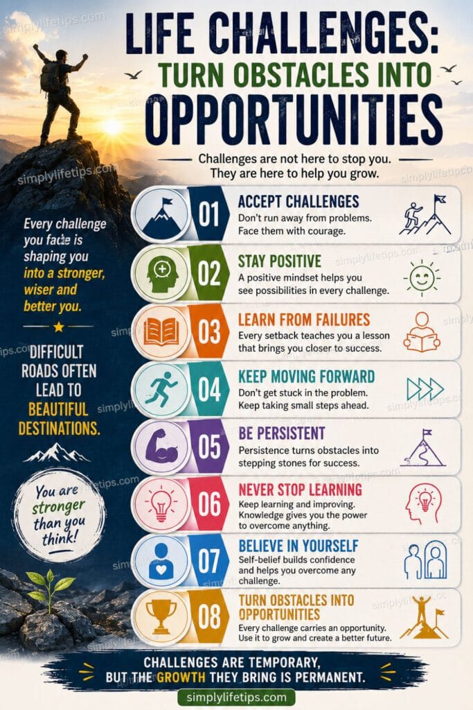 Life Challenges: Turn Obstacles into Opportunities 6 Infographic showing practical ways to overcome life challenges, build resilience, stay positive, learn from failure, and turn obstacles into opportunities.
