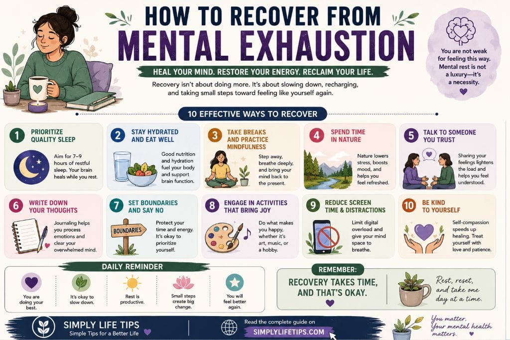 Mental Exhaustion: Signs, Causes, and Ways to Recover 6 Infographic showing 10 practical ways to recover from mental exhaustion, including quality sleep, hydration, mindfulness, spending time in nature, journaling, setting boundaries, and self-compassion.