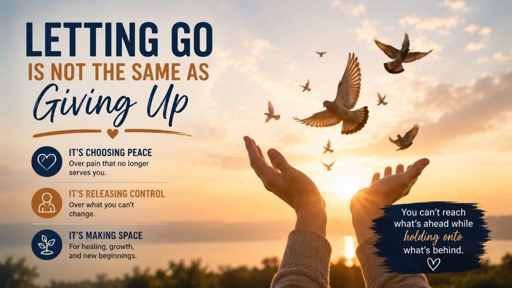 Open hands releasing birds into the sunrise, symbolizing letting go, inner peace, emotional healing, and moving forward with hope.