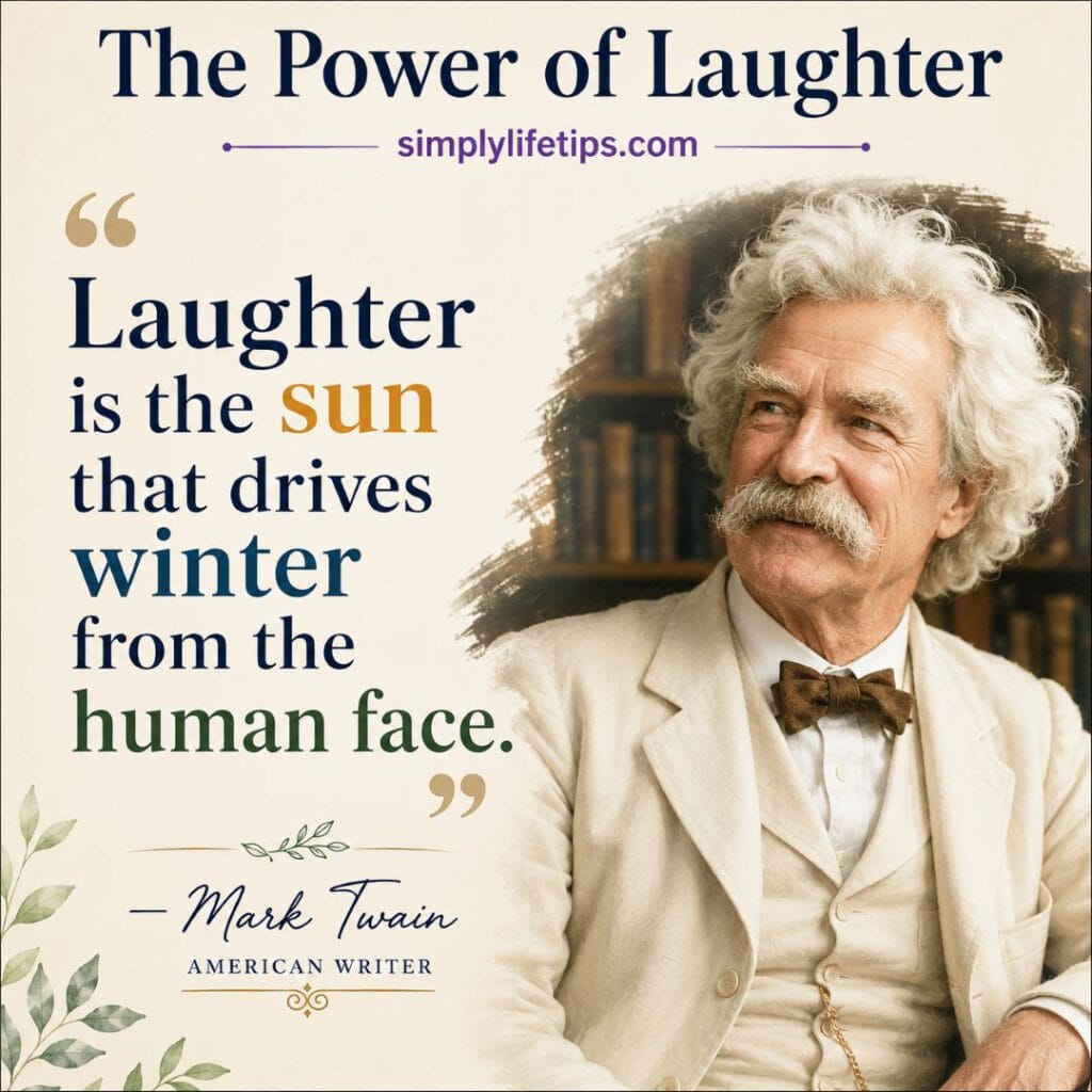 Inspirational quote by Mark Twain about laughter displayed alongside a portrait of the famous American writer.