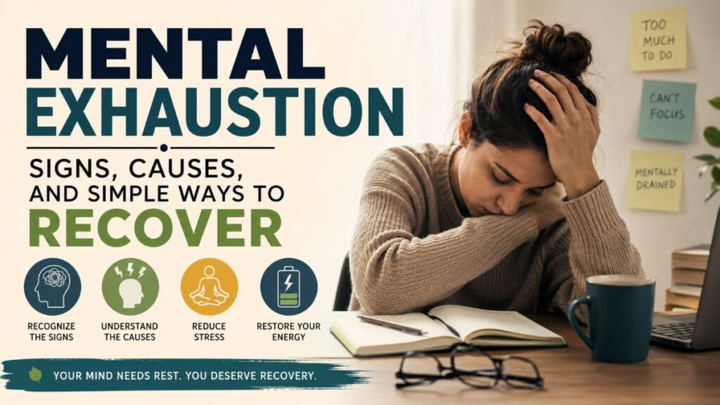 Mental Exhaustion: Signs, Causes, and Ways to Recover 4 Person experiencing mental exhaustion at a desk with the text "Mental Exhaustion: Signs, Causes and Simple Ways to Recover"