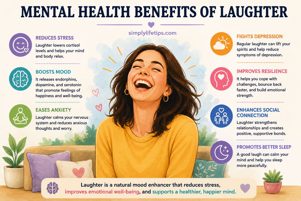 Illustration showing the mental health benefits of laughter, including reduced stress, improved mood, lower anxiety, emotional resilience, and better overall well-being.