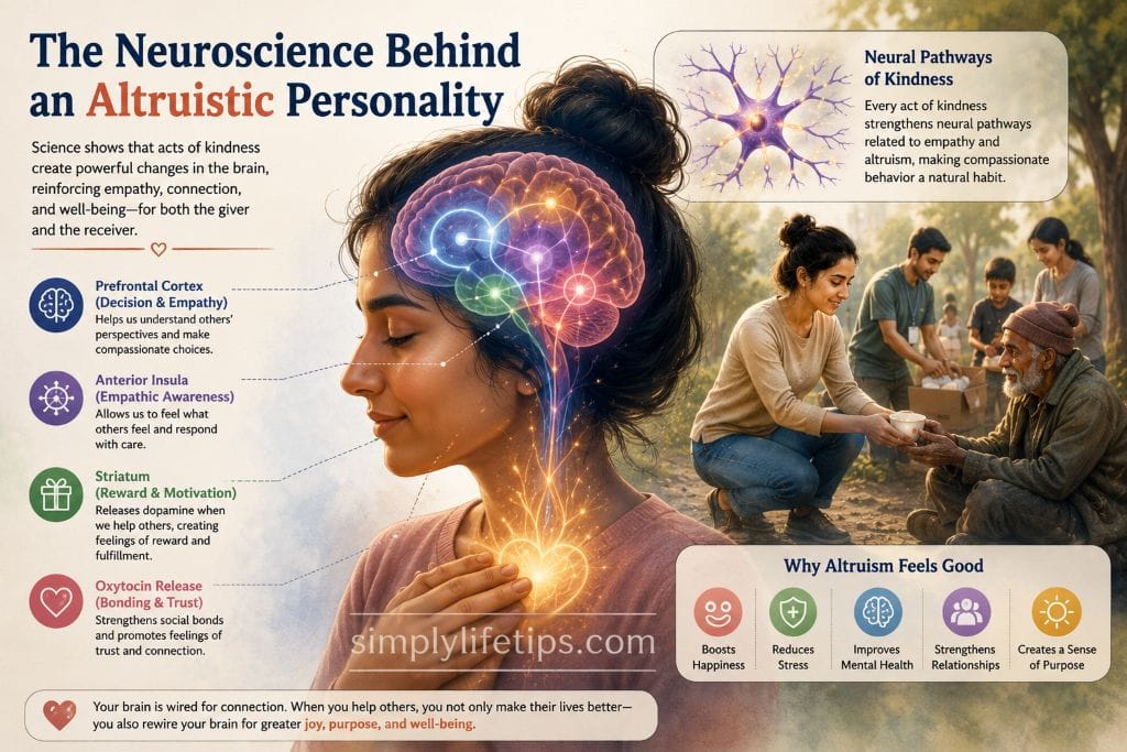 Altruistic Personality: Why Kind People Get Exploited 4 Illustration showing how brain regions involved in empathy and compassion influence an altruistic personality and kind behavior.