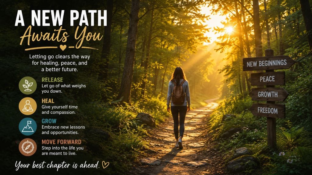 A person walking along a sunlit forest path toward a bright clearing, symbolizing new beginnings, emotional healing, and personal growth after letting go.