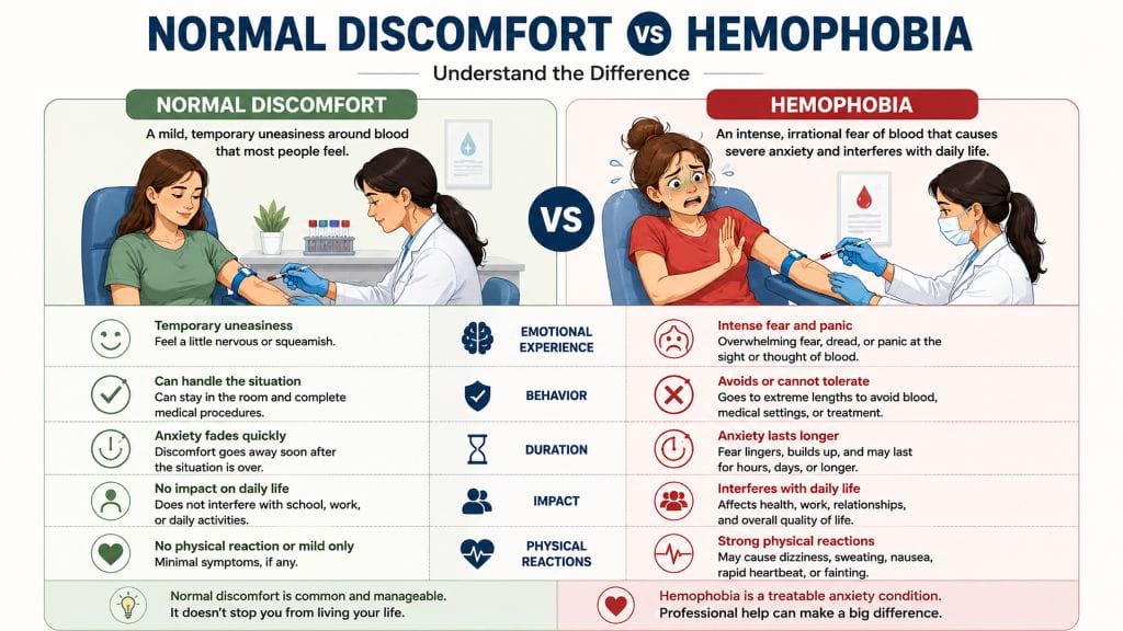 Comparison infographic showing the differences between normal discomfort around blood and hemophobia, including emotional, behavioral, and physical responses.