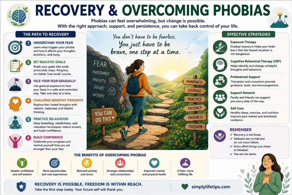 Phobias: Types, Symptoms & Treatment 10 Educational illustration showing the journey of recovering from phobias through cognitive behavioral therapy, exposure therapy, professional support, self-care, and gradual progress.